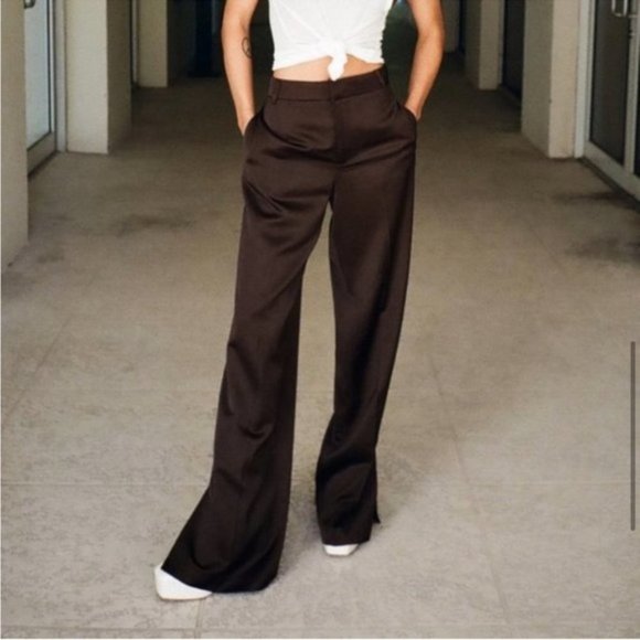 𝅺zara 2 Piece SUIT - BLAZER AND FULL LENGTH SATIN EFFECT PANTS BROWN - Picture 7 of 16